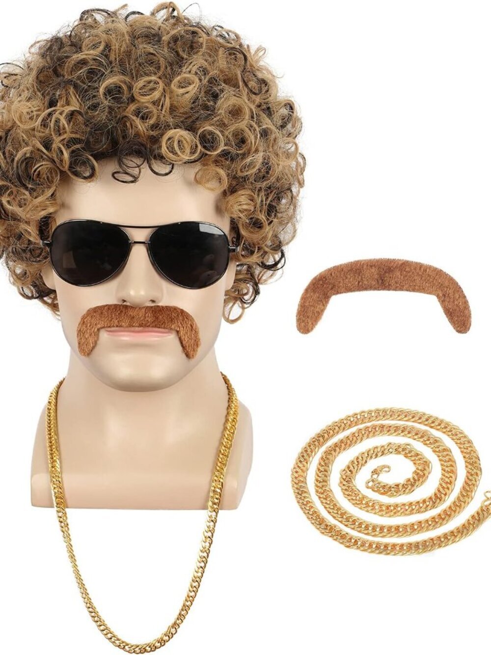 Short Curly Mens 70s Afro Disco Wig With Mustache Necklace